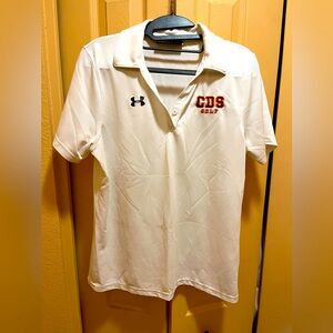 Under Armour polo shirt. Unisex. White with black, silver & orange embroidery. M